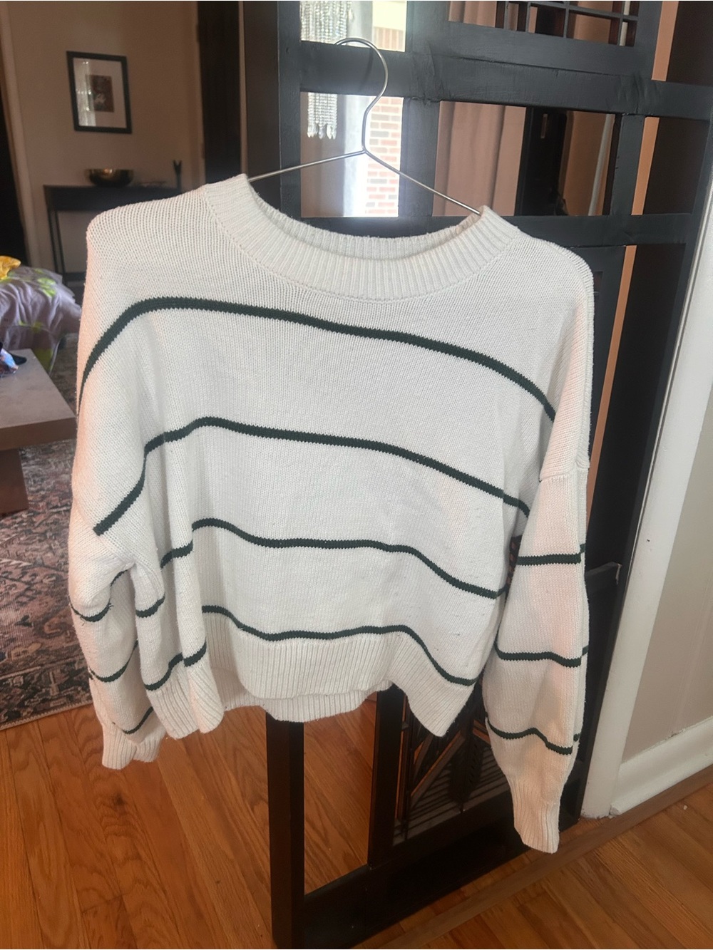 White Crewneck Sweater with Dark Green Stripes
